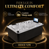 Baignoire de massage chauffée à température constante en acrylique, style surf, pour plusieurs personnes, double siège, avec panneau LCD intelligent, autoportante
