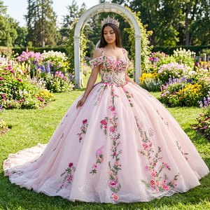 Vestido de Quinceañera Rosa de Gasa con Cristales Dy5734, Apliques de Flores 3D, Cintura Natural, Hecho a Medida para Fiesta - Product Image 1