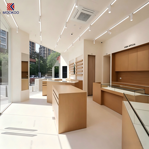 Meubles de magasin d'optique en bois clair minimaliste, étagères murales flottantes, vitrine en verre, îlot de présentation pour boutique d'optique - Product Image 2