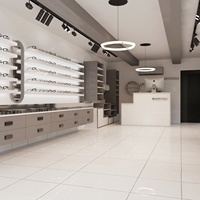 Ensemble complet de mobilier moderne sur mesure pour opticien : Vitrines d'exposition de lunettes et comptoir de réception pour l'aménagement intérieur de magasin d'optique