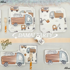 Fournitures de fête d'anniversaire pour enfants DAMAI Construction, vaisselle jetable orange pour garçons, gobelets en papier, serviettes, assiettes - Product Image 2