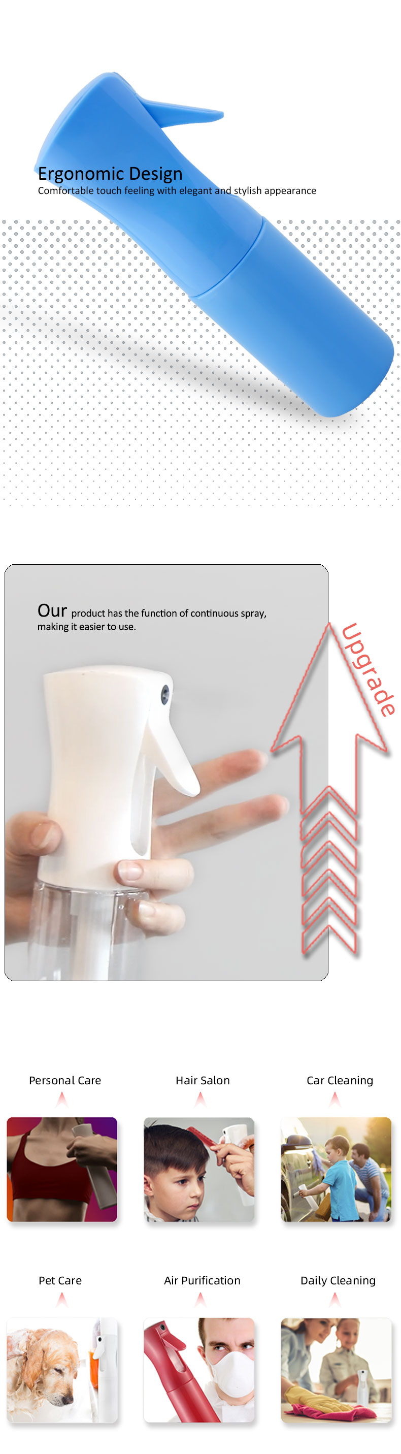 Hairdresser Continuous Fine Mist Spray Bottle 0.3mm Nozzle 160ml To 650ml