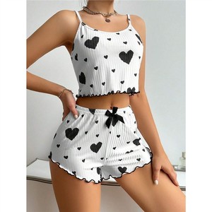 Ensemble de pyjamas pour femmes, vêtements de nuit, <span class=keywords><strong>2</strong></span> pièces, débardeurs courts et shorts, doux, décontractés, imprimé amour, tailles S, M, L - Product Image 2