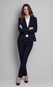 Traje de Blazer y Pantalones Ajustados a Rayas Azul Marino para Mujer, Conjunto Elegante y Formal para Oficina, Traje de Pantalón Profesional Chic de Estilo Moderno - Product Image 4