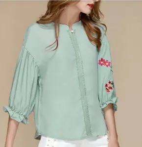 Wholesale custom shirt casual ladies embroidered lantern sleeve crochet trim blouse STD0619 new