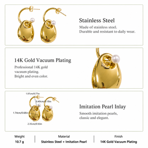 Pendientes de Aro con Perlas Ovaladas, Acero Inoxidable, Chapado al Vacío en Oro de 14K, Perlas de Imitación - Product Image 4