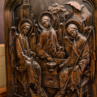 Icona in Legno Intagliata dei Tre Angeli Ortodossi, Arte Religiosa 3D Fatta a Mano, Decorazione Regalo Cristiana