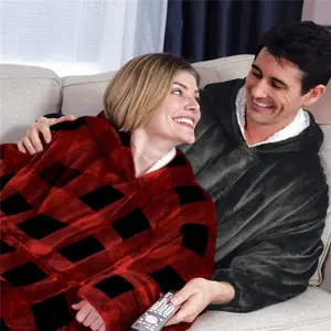 2023 nuova felpa con cappuccio coperta indossabile Sherpa, felpa con cappuccio oversize Blank Buffalo Plaid coperta Ultra accogliente