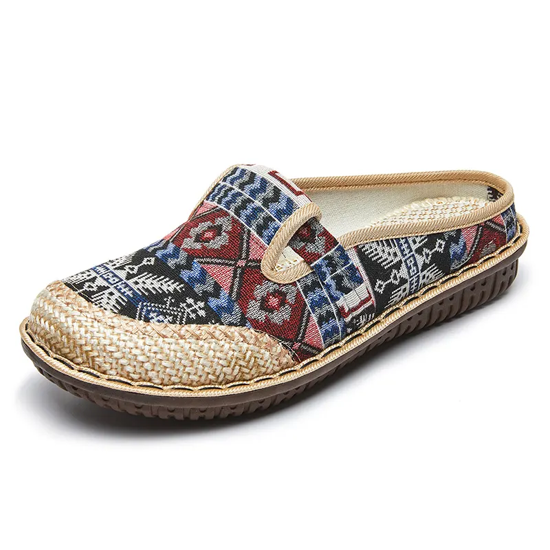 G-102 New Style Flat Shoes Women Flax Grass Woven Casual Shoes Half Drag Ethnic Style Embroidered Shoes stock