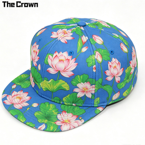 Custom Logo All Over Lotus Print 6 Panel <b>Flat</b> Brim Cap Wholesale Bulk Water Garden Floral <b>Hat</b> Structured Manufacturer - Product Image 3
