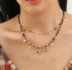 Delicado Collar de Acero Inoxidable con Dijes Celestiales y Cuentas de Piedra Natural Lapislázuli, Joyería Hipoalergénica que No se Deslustra - Product Image 1