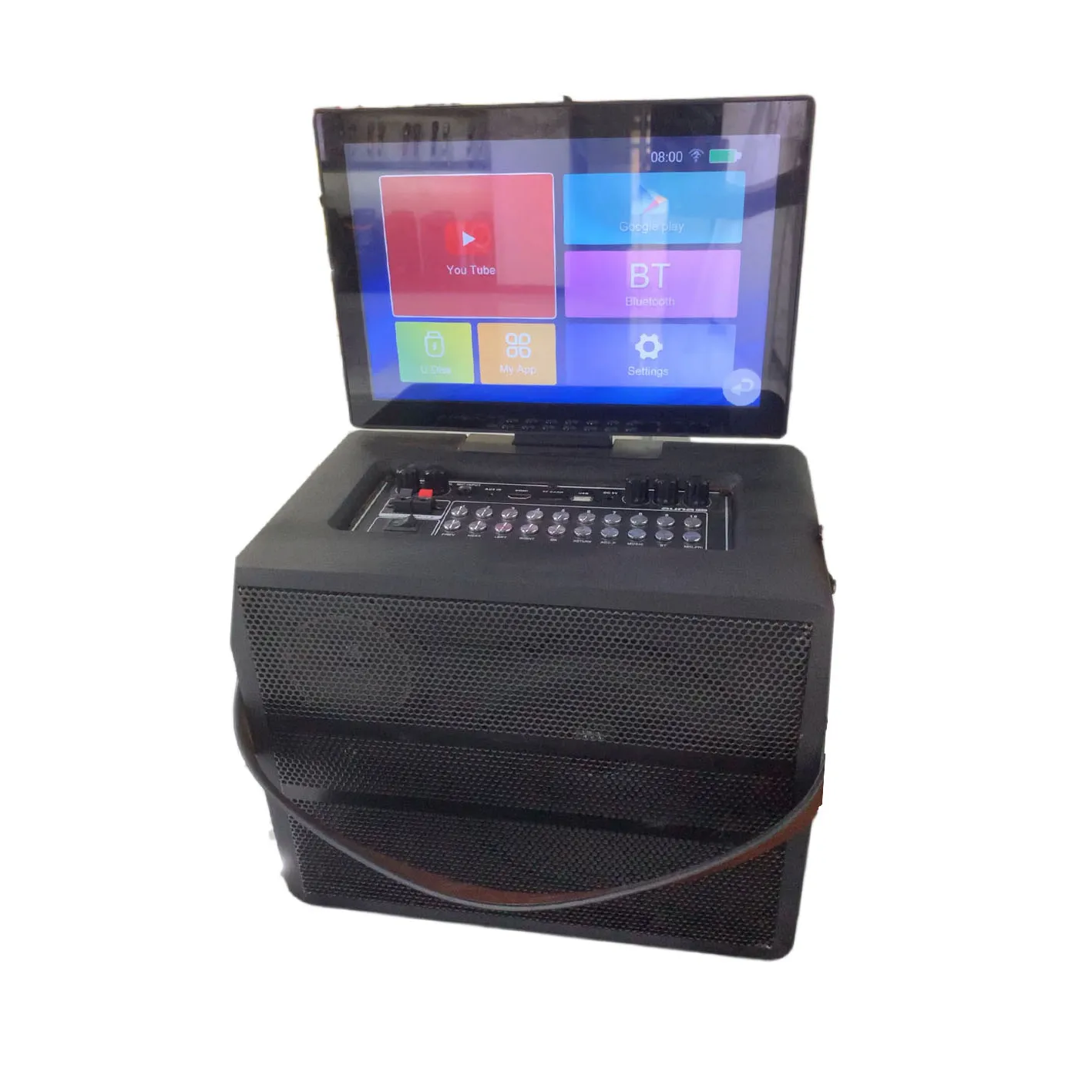 Máquina de karaoke inteligente con Bluetooth, dispositivo inalámbrico con pantalla ndroid, sistema WiFi para descargar App boombox de madera