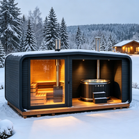 Sauna extérieur préfabriqué 2-en-1 avec bain à remous intégré, cabine de bien-être carrée en bois de pruche avec fenêtre en verre et chauffage au bois