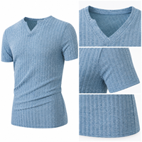 T-shirt côtelé à manches courtes pour homme, col en V, coupe classique, extensible, doux, respirant, 100 % coton 300g, séchage rapide, décontracté, hauts d'été