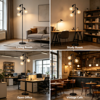 Lampe sur pied industrielle à 3 têtes avec ampoules apparentes, en métal noir, douille E27, style vintage Edison, pour salon