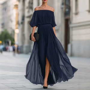 Elegante Vestido Largo <span class=keywords><strong>de</strong></span> Gasa para Mujer con Hombros Descubiertos, Vestido <span class=keywords><strong>de</strong></span> Noche Sexy con Abertura y Falda Fluida, Vestido <span class=keywords><strong>de</strong></span> Fiesta Festivo a la Moda - Product Image 4