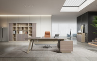 Bureau de direction en forme de L avec armoire latérale, poste de travail exécutif robuste en bois, table de directeur général