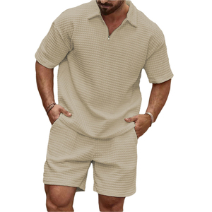 Completo Sportivo Estivo 2026 da <span class=keywords><strong>Uomo</strong></span>, Taglie Forti, <span class=keywords><strong>Tuta</strong></span> Casual con Polo in Tessuto Waffle, Set da Jogging 2 Pezzi con <span class=keywords><strong>Pantaloncini</strong></span> da Allenamento - Product Image 3
