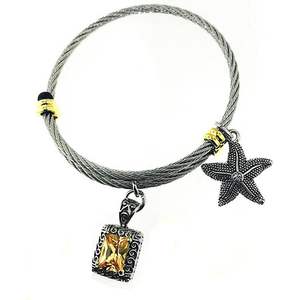 <b>Women's</b> Two Tone Rhodium Plated Brass Adjustable Cable Wire Bangle <b>Bracelet</b> 2 Charms Champagne <b>Crystal</b> <b>Crystal</b> <b>Bracelets</b> Bangles - Product Image 1