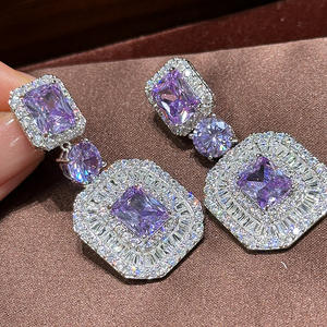非常奢华的紫色水晶方形品牌钻石耳环大气时尚简约高端昂贵全套精致耳环风格 - Product Image 3