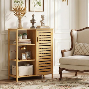 Mobiletto Laterale in Bambù, Armadietto da Bagno con Anta e 3 Ripiani Aperti - Product Image 2