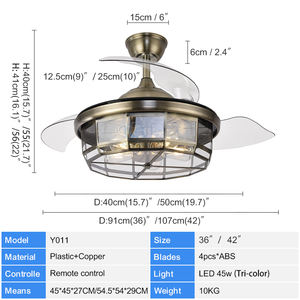 Y011 latón antiguo moderno LED luz Invisible sin aspas Control remoto vid arte ventilador 42 tela de cáñamo en forma de lámpara colgante hogar DC - Product Image 3