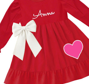 Robe Rouge Cœur et Nœud pour Filles, Broderie Nom Personnalisé, Grand Nœud Blanc, Applique Cœur Rose, Vêtements de Fête pour Tout-Petits - Product Image 5