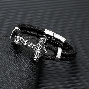 Viking Thor's Hammer <b>Bracelet</b> Braided Leather Stainless Steel Rune <b>Bangle</b> Magnetic Clasp Tough Guy Retro Jewelry - Product Image 3