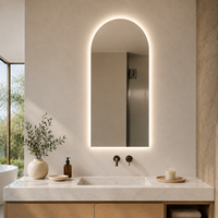 Miroir de salle de bain LED rétroéclairé arqué avec variateur d'intensité, anti-buée, contrôle tactile 3 couleurs, Bluetooth, miroir de maquillage mural