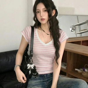 เสื้อยืดแขนสั้นคอวีลายทางสไตล์เกาหลีเรียบง่ายแฟชั่นอเนกประสงค์สำหรับผู้หญิงฤดูร้อนทรงเข้ารูปพอดีตัว - Product Image 2