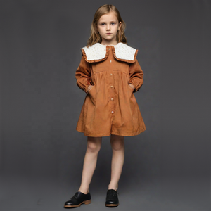 Abito da Principessa per Bambine con Colletto in Pizzo, Maniche Lunghe Ricamate, 100% Cotone, Linea A, Ecologico, Primavera <span class=keywords><strong>Autunno</strong></span>, Tinta Unita - Product Image 1