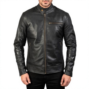 Men's Black Genuine Leather Heated Moto <b>Jacket</b> <b>Mandarin</b> <b>Collar</b> Zipper Closure Regular Fit Front Logo Winter Wear - Product Image 2
