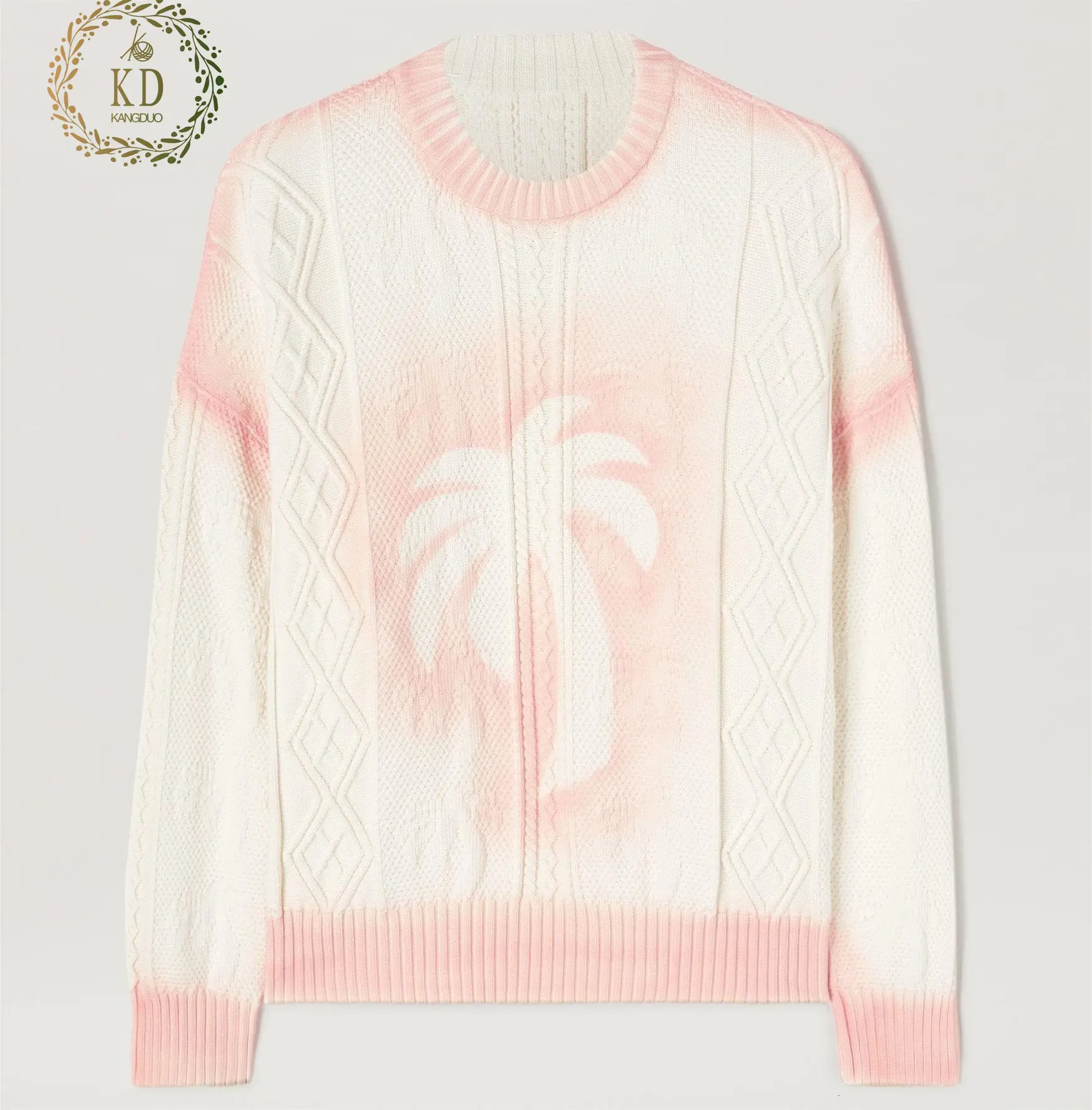 KD Knitwear Manufacturer Custom 2023 New Fashion Pattern Drop Shoulder Oversize Cable Spray Paint Women Neon Pink Sweater