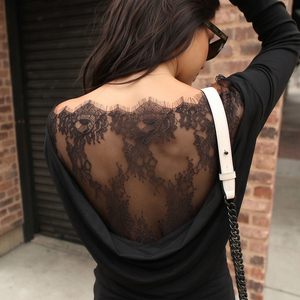 Black Sexy Lace <b>Patchwork</b> Cut Out Backless Cowl Neck Off Shoulder Waist Long Sleeve T Shirt for Women - Product Image 3