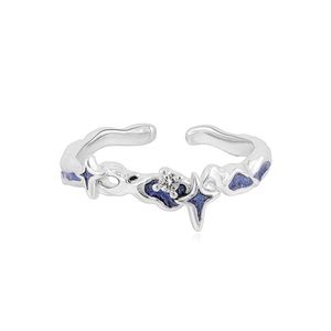 Anillo de Acero Inoxidable Y2K Irregular con Banda de Luna Azul y Estrella, Anillo Abierto Ajustable con Gota de Aceite, Joyería de Boda - Product Image 2