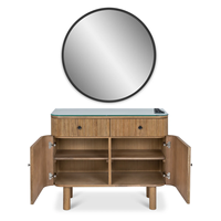 Station de coiffure moderne en bois grainé - Meuble de rangement avec tiroirs, espace de rangement et support pour outils chauffants