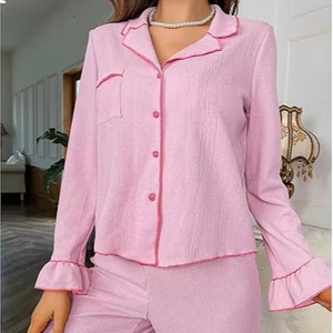 Ensemble de pyjamas en coton pour femmes sur mesure vêtements de détente plissés à manches longues pyjamas de couleur unie printemps et automne vente en gros - Product Image 1