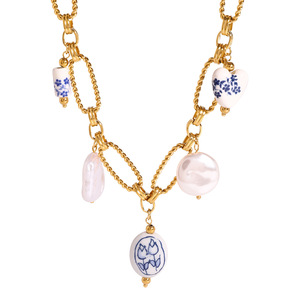 Fashion Pendant Necklace Stainless Steel Gold Tone Pearl Ceramic Flower Design Heart Shape Jewelry - Product Image 1