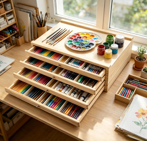 Wooden Natural Color Portable Drawer-style Paintbrush Holder with Four Compartments <strong>for</strong> Desk-based Stationery <strong>Storage</strong>. - Product Image 1