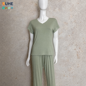 Conjunto de Pijama de Jersey para Mujer SUHE, Cuello en V, Manga Corta, Ribete de Encaje, Cierre con Cordón, Largo Completo, Color Sólido Suave, Primavera/Verano - Product Image 3