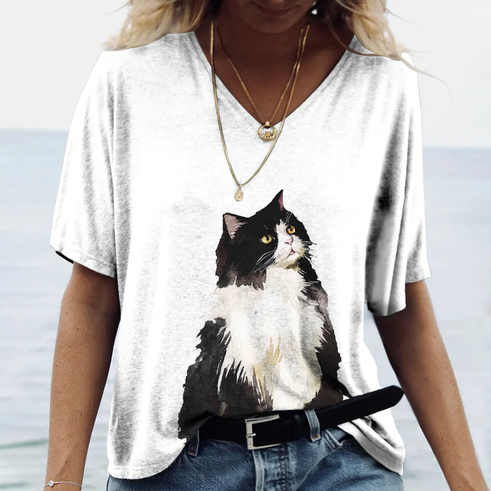 Модные женские блузки, 2023 футболка, женская футболка с 3d принтом кошек, черная кавайная футболка, женская одежда большого размера, летний женский топ с V-образным вырезом