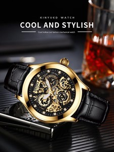 Montre mécanique pour homme KINYUED, bracelet en cuir véritable, cadran squelette ajouré, aiguilles lumineuses, luxe, mode, vente en gros - Product Image 3