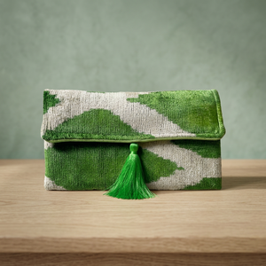 PRABHAVA <b>Green</b> Chevron Pattern Clutch <b>Bag</b> Tassel Handmade Cotton Lining Fabric Storage Pouch Bohemian Style Rectangle Shape 7 - Product Image 2
