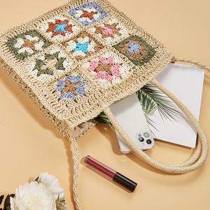 Bolso de Verano Boho Tejido <span class=keywords><strong>a</strong></span> Mano con Flores de Ganchillo, Bandolera <span class=keywords><strong>a</strong></span> Cuadros, Bolso de Mujer Rústico, Bolso de Playa de Paja - Product Image 5