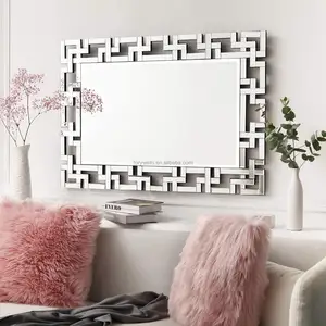 Espejo colgante de pared de baño moderno, espejo de espejo sin marco de bisel plateado hecho a mano para muebles de sala de estar