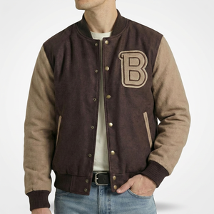 Chaqueta Varsity para Hombre, Color Marrón, Letra B Bordada, Exterior de Lana y Poliéster, Cuello Camisero, Cierre de Botón, Corte Casual - Product Image 1