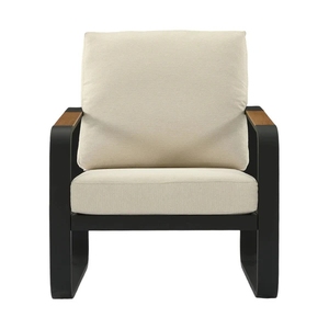 Chaise longue <span class=keywords><strong>d</strong></span>'extérieur commerciale avec coussins beiges, structure en aluminium noir, accoudoirs en bois, mobilier de patio moderne pour hôtel - Product Image 3