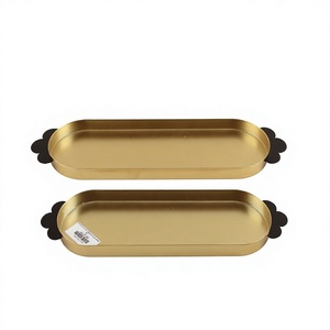 Modern Gold <b>Coffee</b> Tray Set <b>with</b> Black Handles <b>Oval</b> Metal Display Trays for Wedding <b>Table</b> Decor 2 Piece Candle Tray Platter - Product Image 1