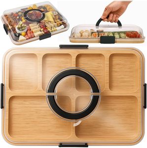 Bandeja de Bambú para Aperitivos, Tabla de Quesos y Charcutería con Compartimentos y Tapa Transparente con Cierre - Product Image 3