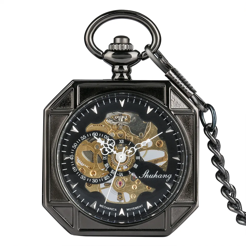 Retro Men Clock Necklace Chain Steampunk Pendant Transparent Flip Octagon Black Vintage Mechanical Pocket Watch